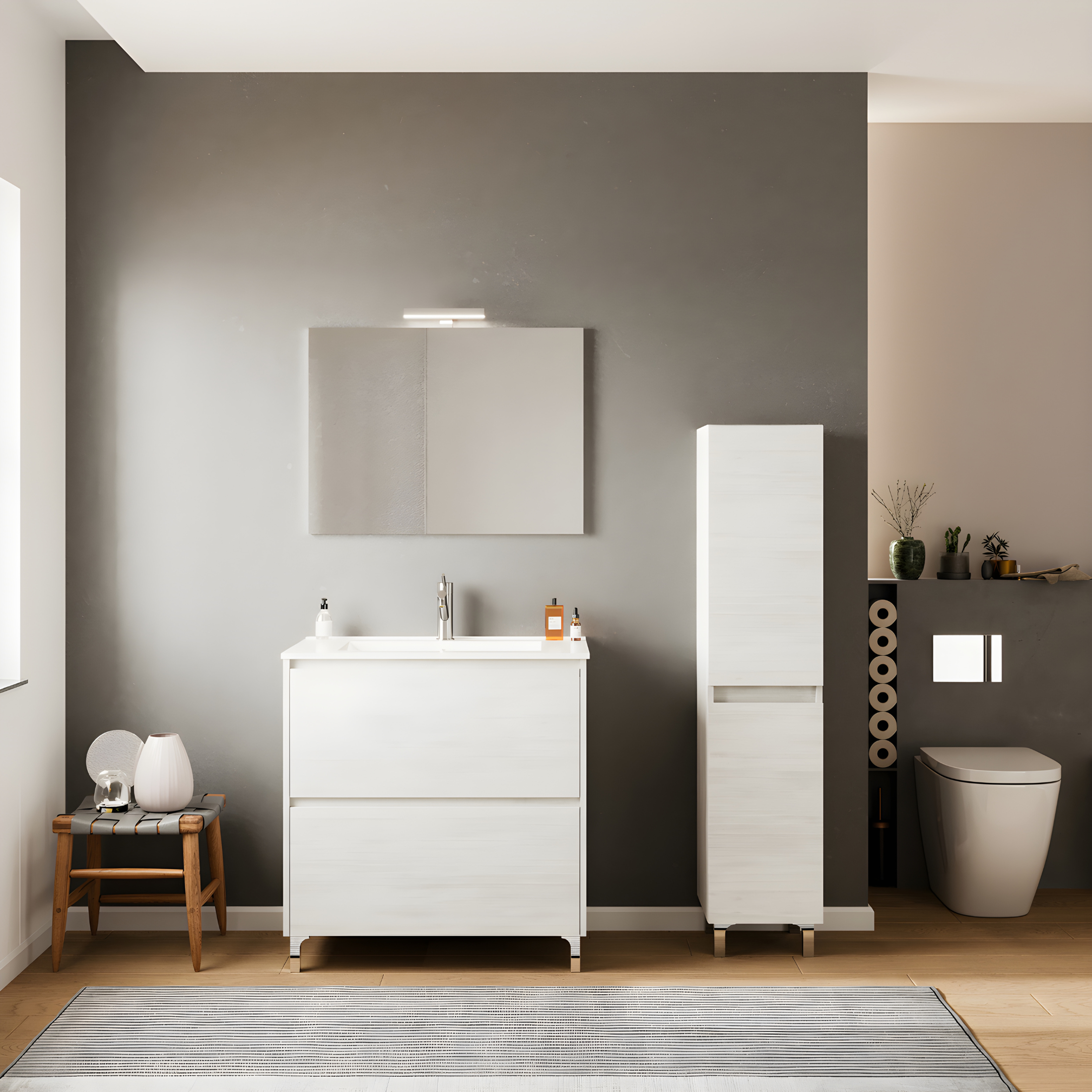 Mobile da bagno moderno "Elo" in legno con lavabo integrato e specchio LED