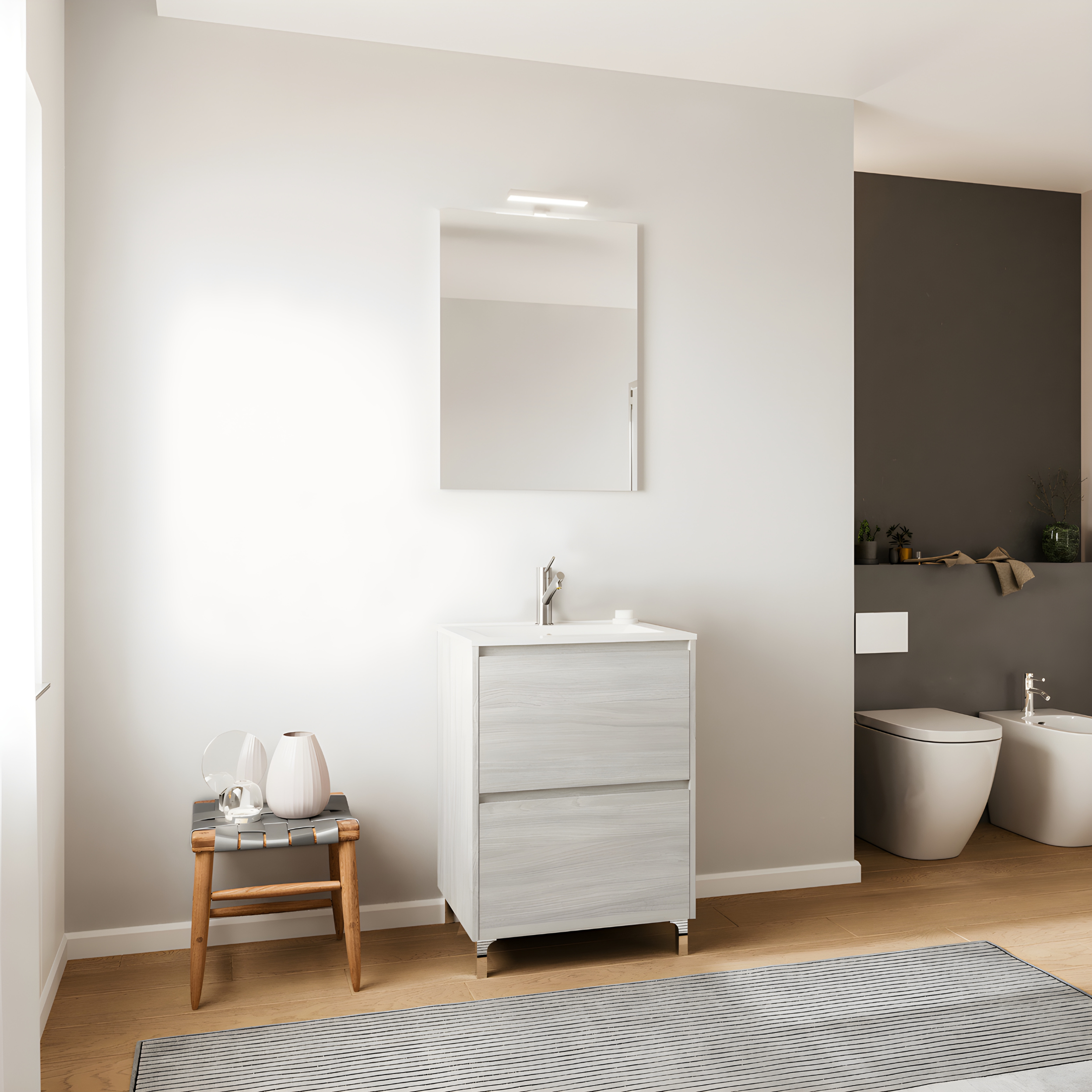Mobile da bagno moderno "Elo" in legno con lavabo integrato e specchio LED