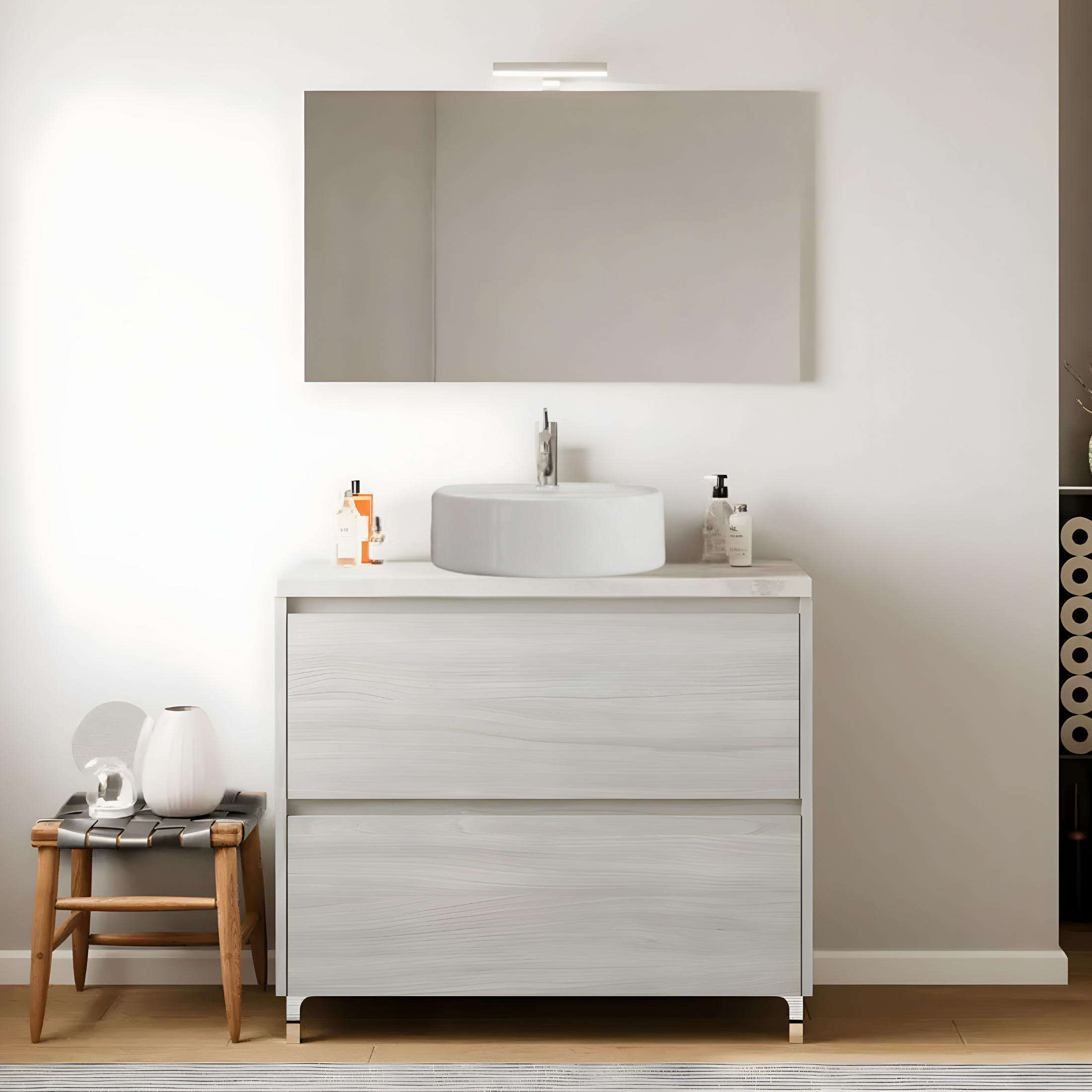 Mobile da bagno moderno in legno "Elorin" con top specchio LED e lavabo da appoggio