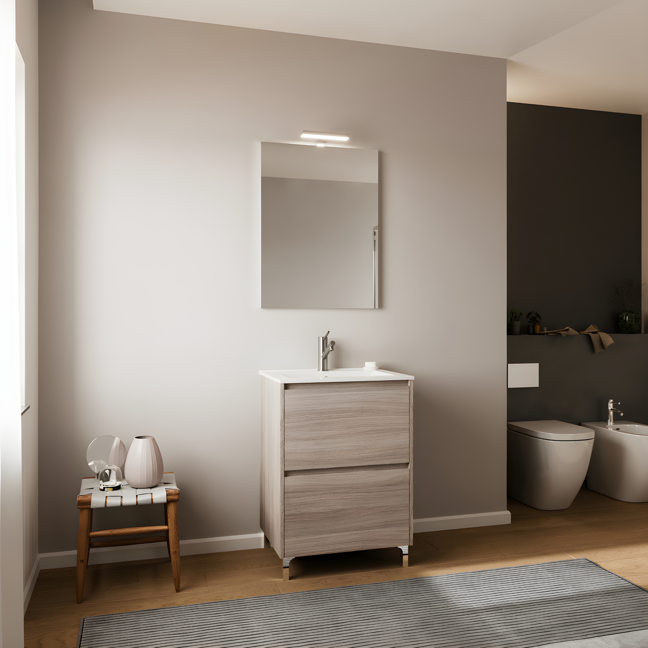 Mobile da bagno moderno "Elo" in legno con lavabo integrato e specchio LED