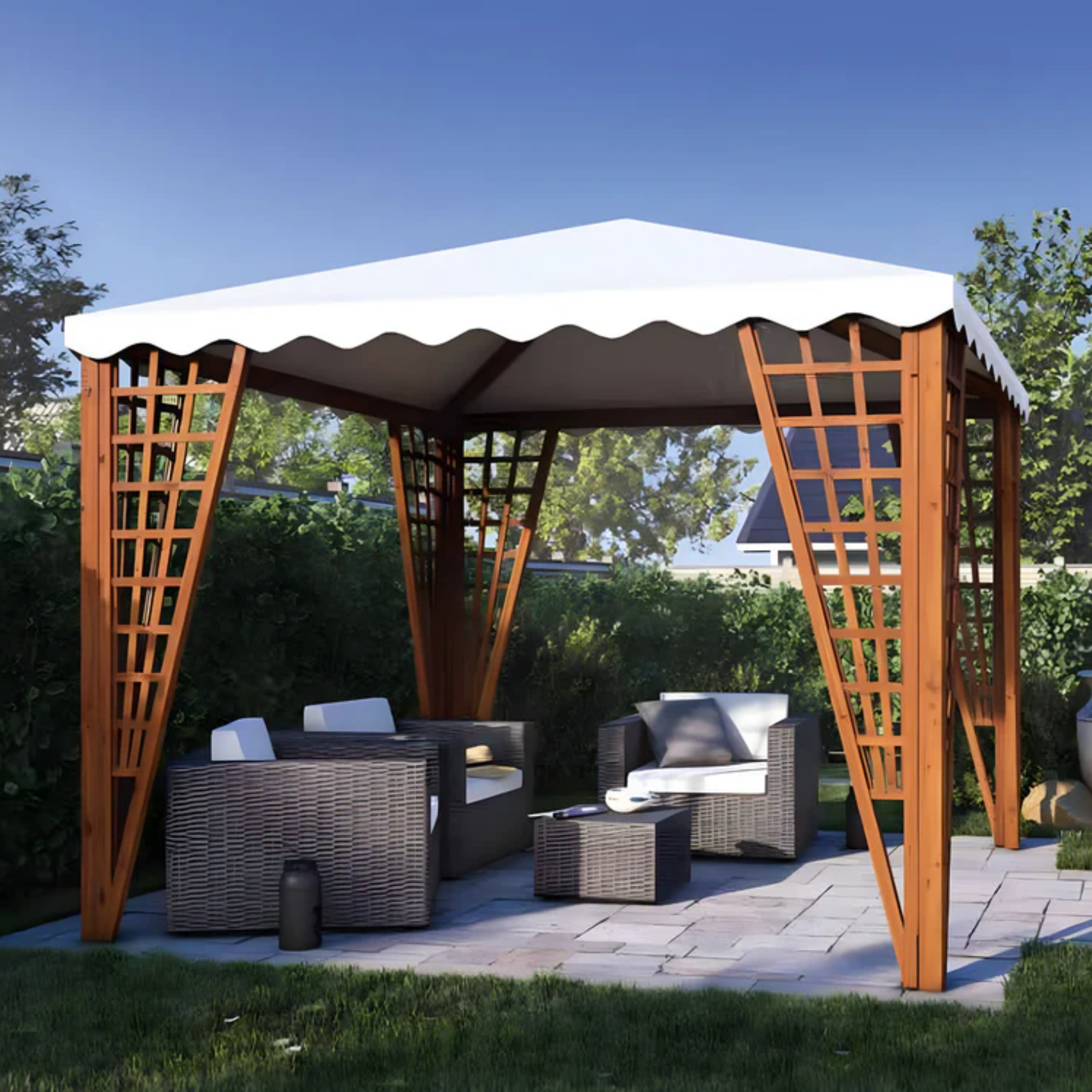 Gazebo "Malibù" in legno di conifera e copertura PVC bianca con griglie decorative cm 300x300 260h
