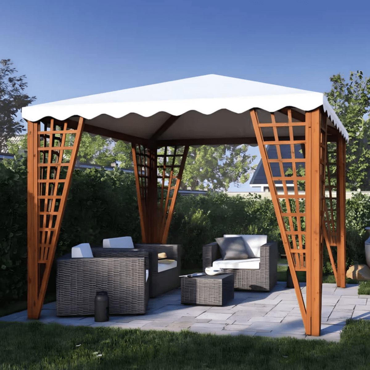 Gazebo "Malibù" in legno di conifera e copertura PVC bianca con griglie decorative cm 300x300 260h - MondoViro