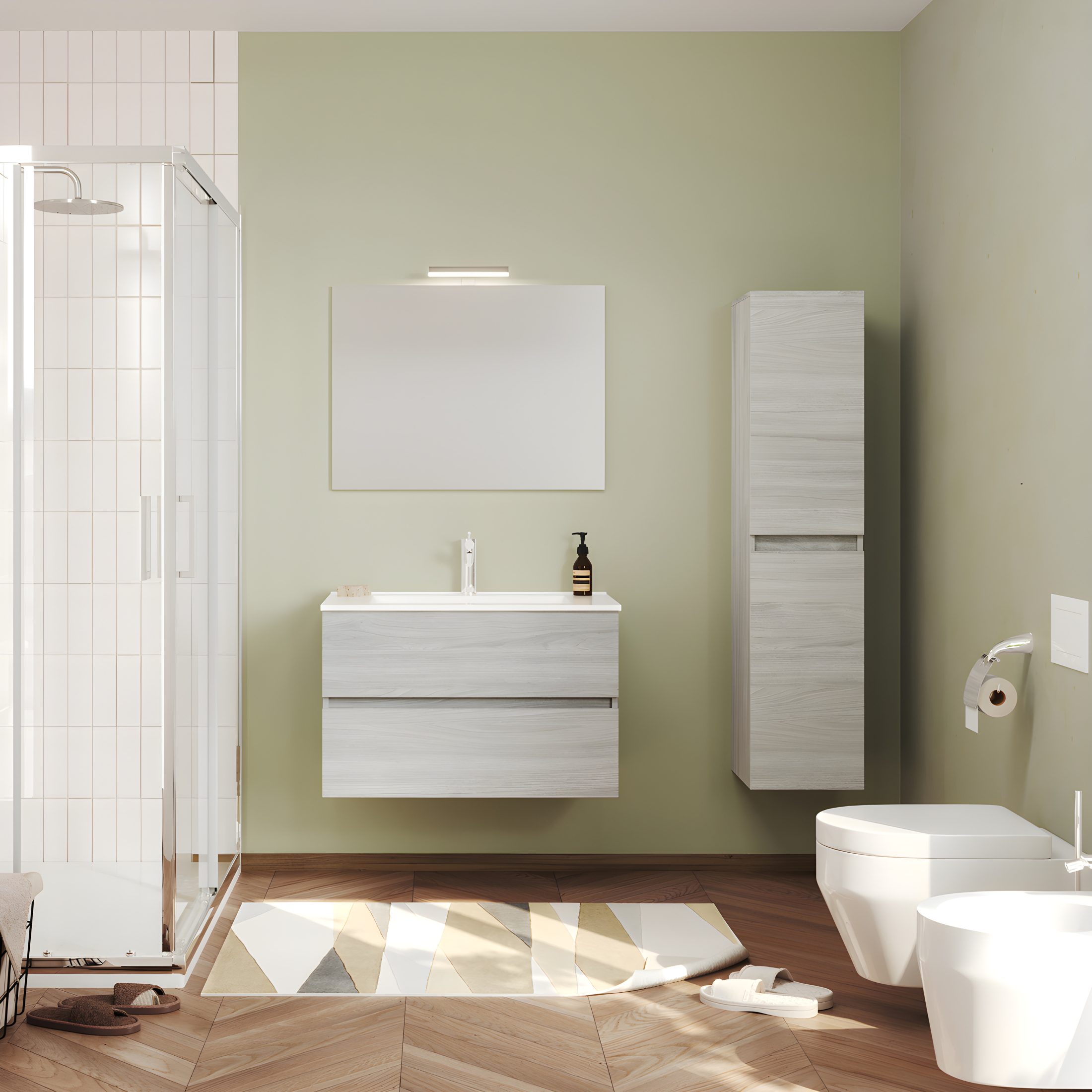 Mobili da bagno sospeso moderno "Tara" con 2 cassetti , lavabo da incasso e specchio LED