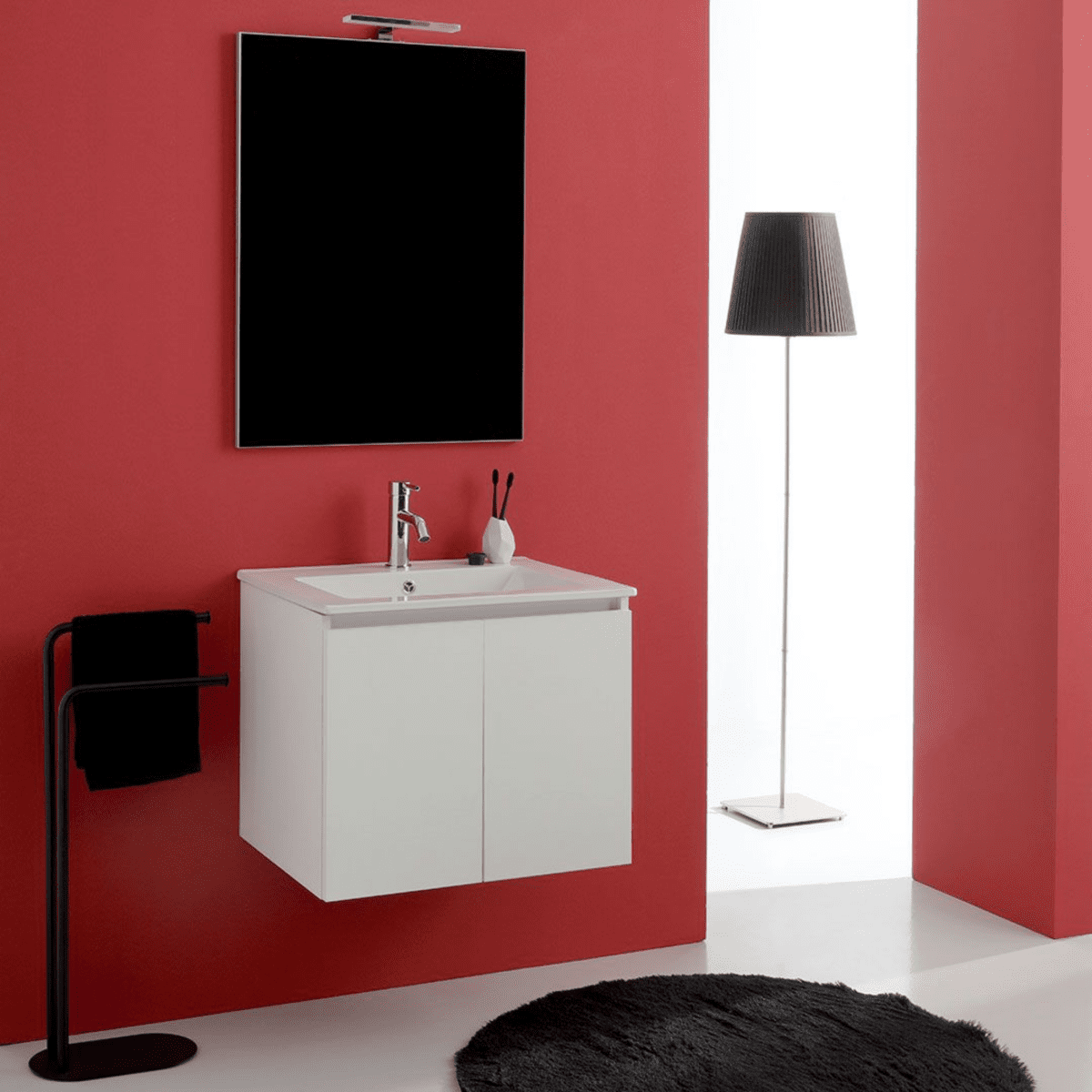 Mobile da bagno bianco "Hydra" 60 cm sospeso a 2 ante con lavabo e specchio - MondoViro