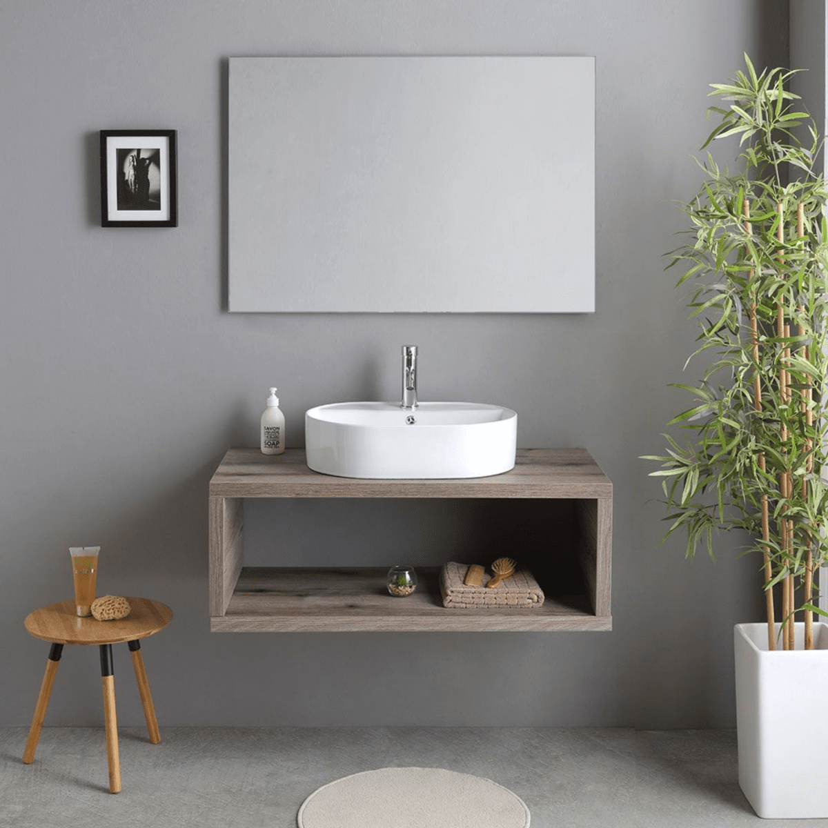 Mobile bagno sospeso rovere fossile "Kos" 100 cm con lavabo ovale bianco in ceramica e specchio rettangolare - MondoViro