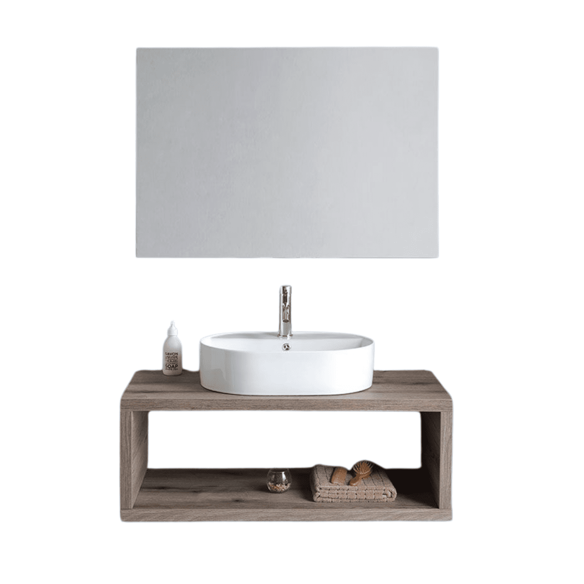 Mobile bagno sospeso rovere fossile "Kos" 100 cm con lavabo ovale bianco in ceramica e specchio rettangolare - MondoViro