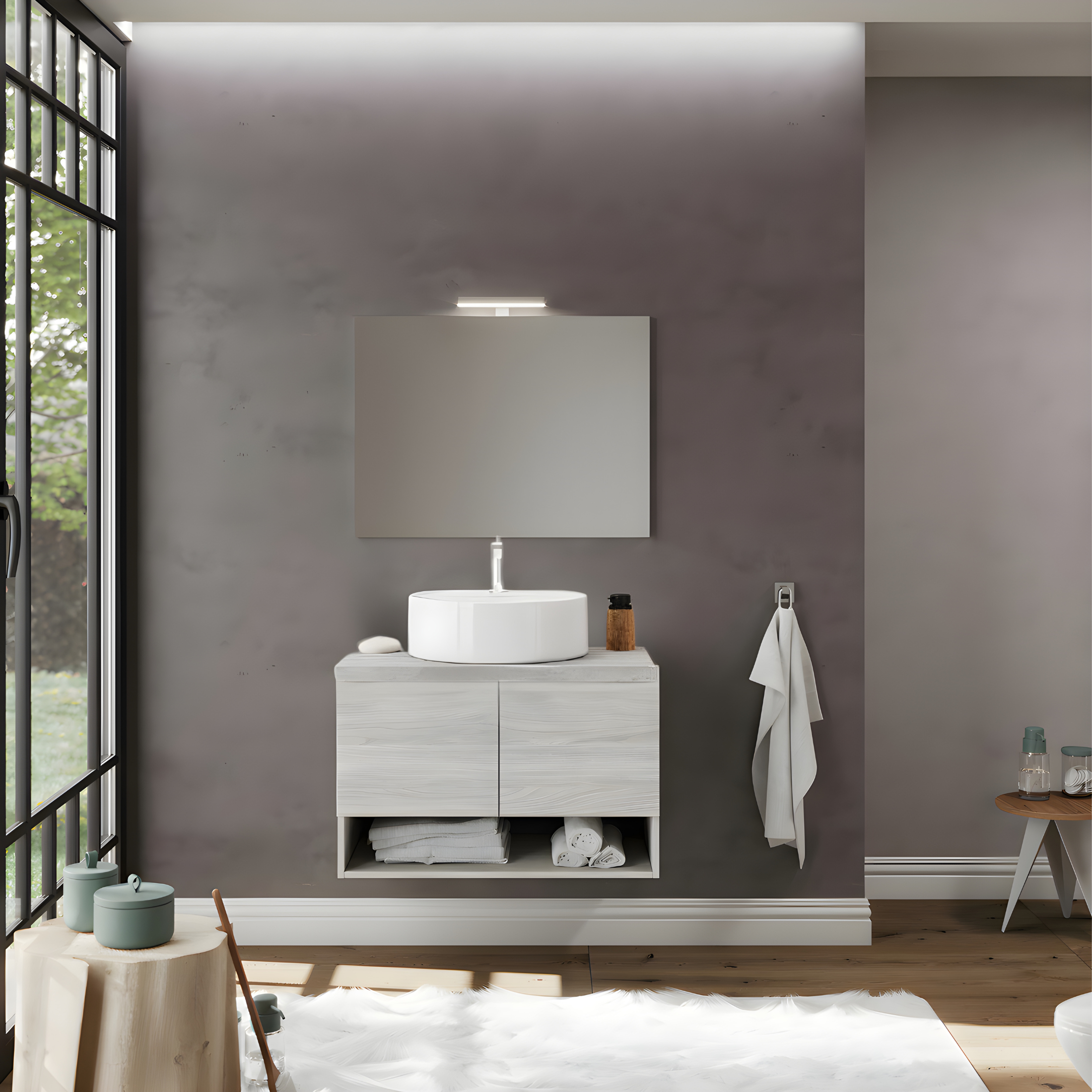 Mobile da bagno sospeso "Lunaris1" con lavabo da appoggio 2 ante e base con specchio LED