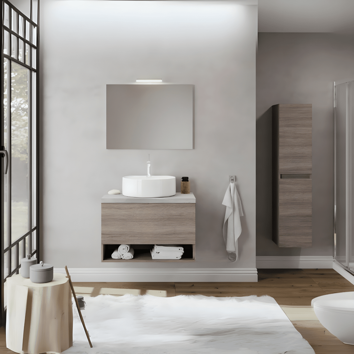 Mobile da bagno sospeso "Lunaris3" con vano contenitore lavabo da appoggio e specchio LED - MondoViro