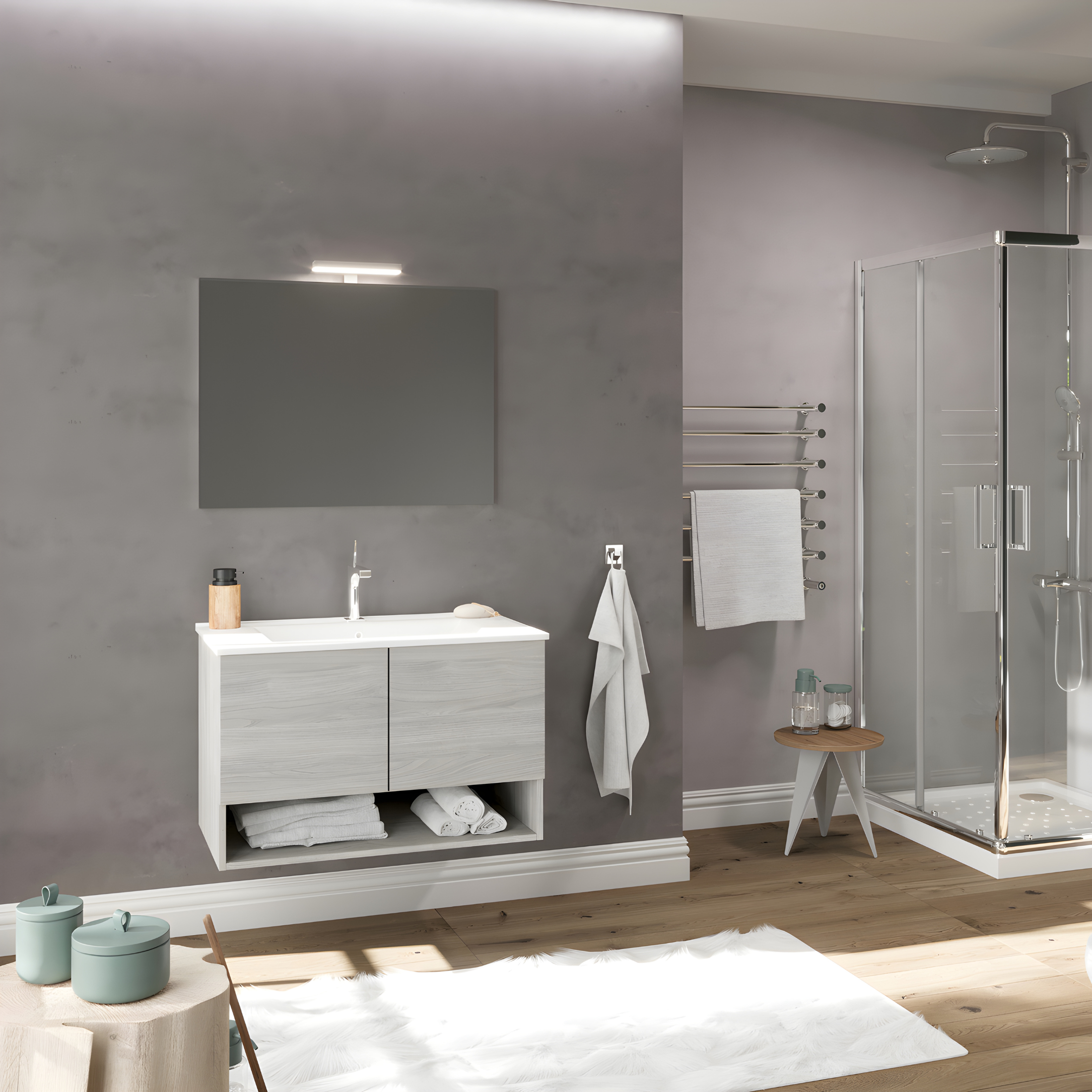 Mobile da bagno sospeso "Lunaris2" con lavabo integrato a 2 ante moderno con specchio LED