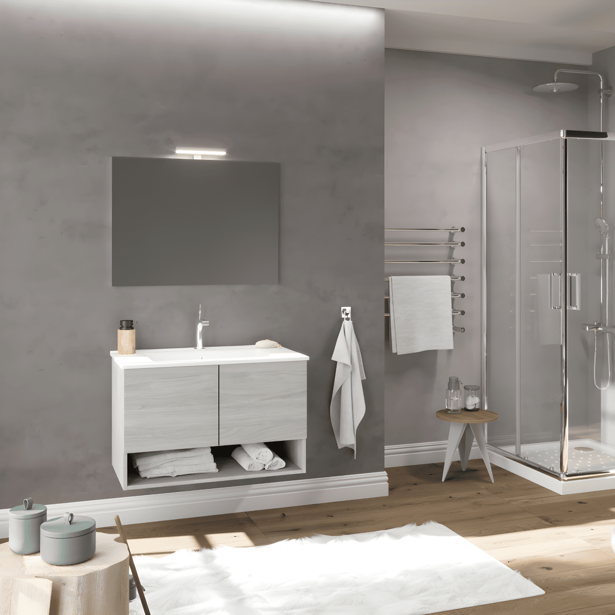 Mobile da bagno sospeso "Lunaris2" con lavabo integrato a 2 ante moderno con specchio LED - MondoViro
