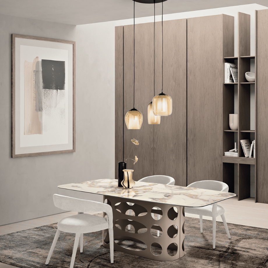 Tavolo fisso da pranzo "Core" con piano in ceramica effetto marmo lucido e base con trafori in metallo verniciato cm 210x110 75h - MondoViro