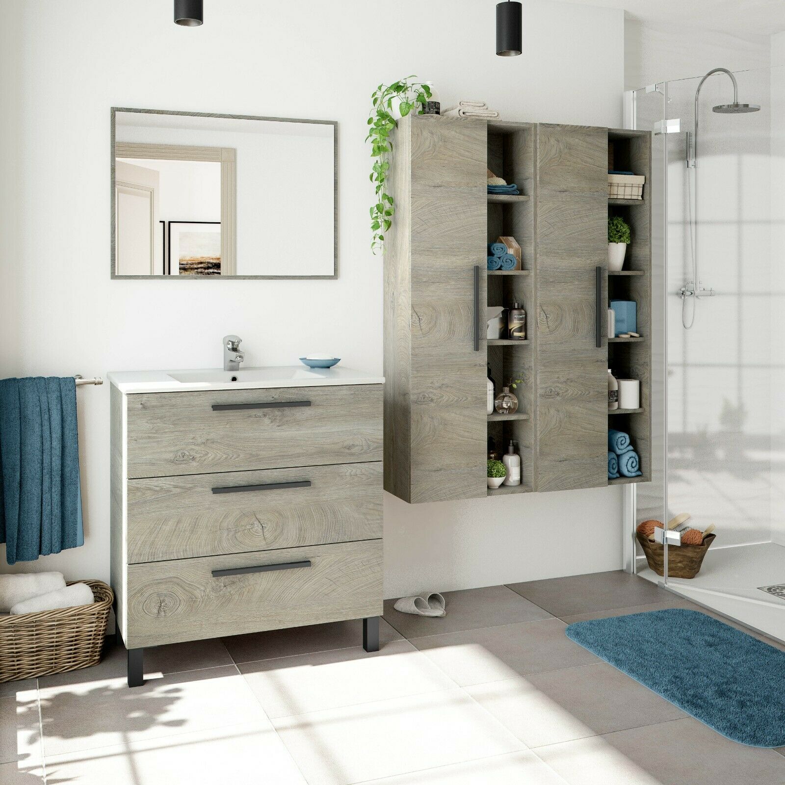 Mobile da bagno 3 cassetti in legno sotto lavabo "Athena" con specchio e piedini rialzati