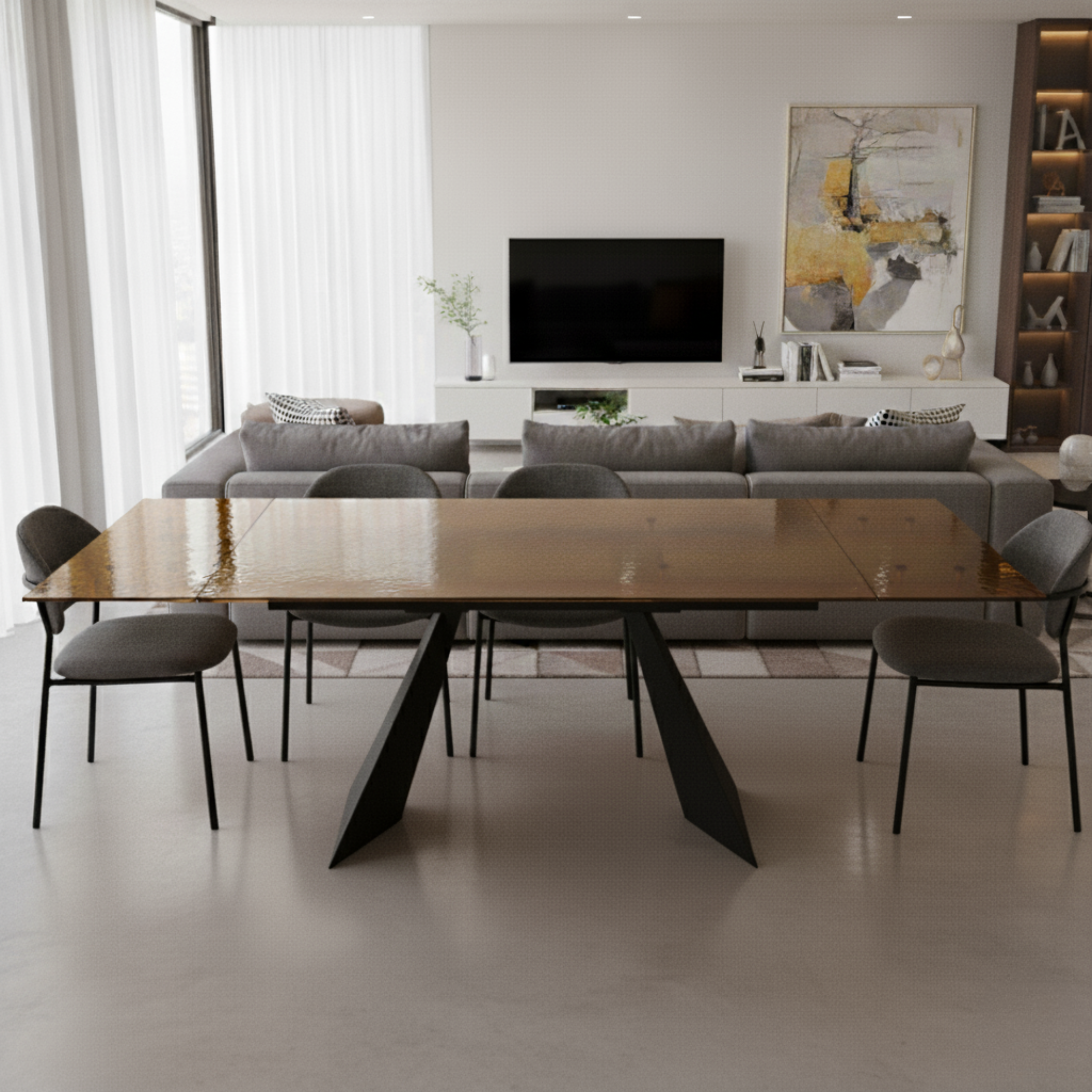 Tavolo rettangolare "Walter" allungabile con piano in vetro martellato trasparente cm 160/240x90 75h