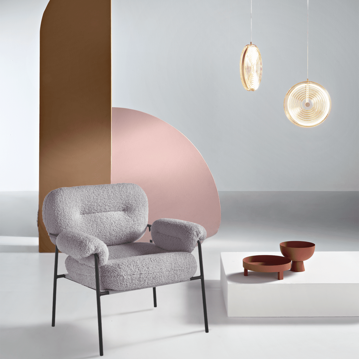 Poltrona moderna in tessuto bouclè "Mira" con struttura in metallo nero cm 80x79 75h - MondoViro