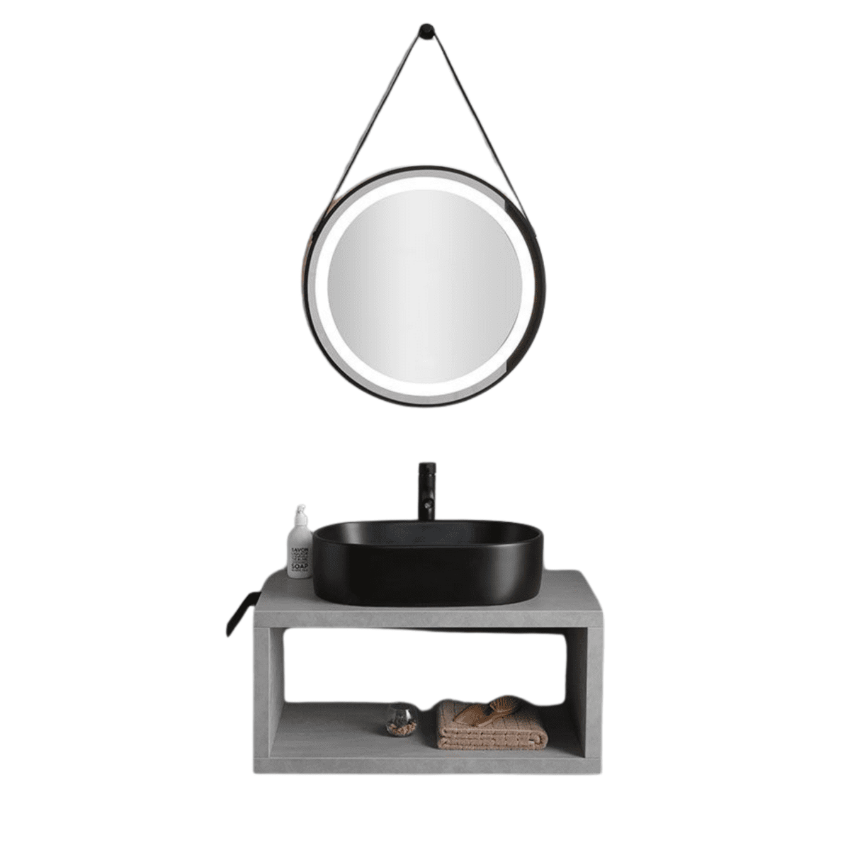 Mobile bagno sospeso grigio "Monaco" 80 cm con lavabo da appoggio nero opaco ovale e specchio tondo a led - MondoViro