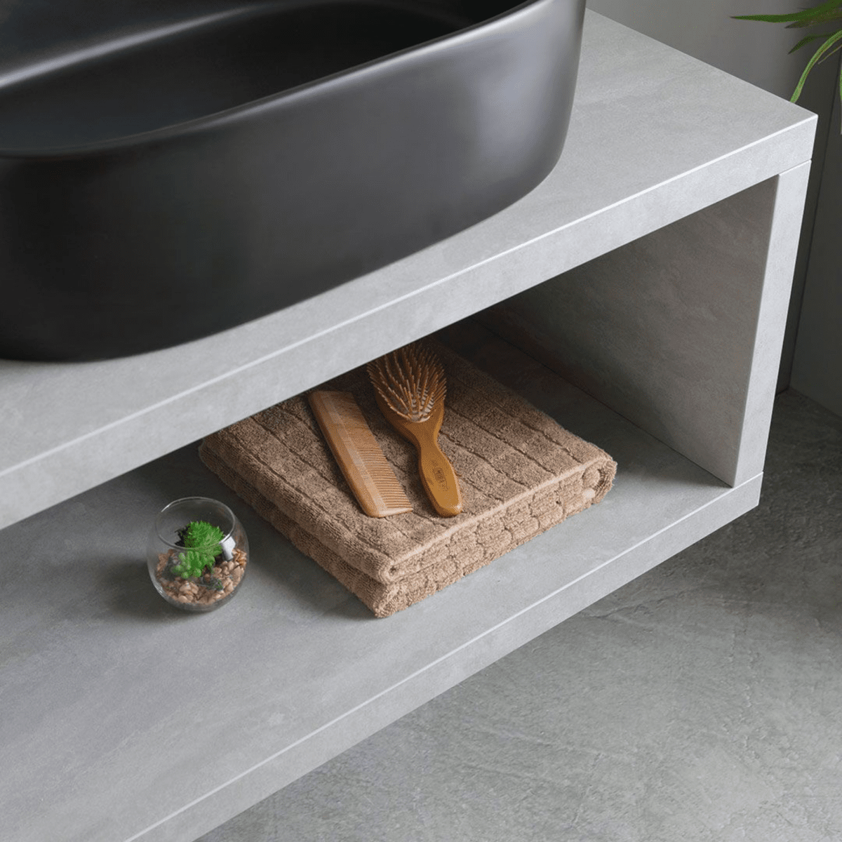 Mobile bagno sospeso grigio "Monaco" 80 cm con lavabo da appoggio nero opaco ovale e specchio tondo a led - MondoViro