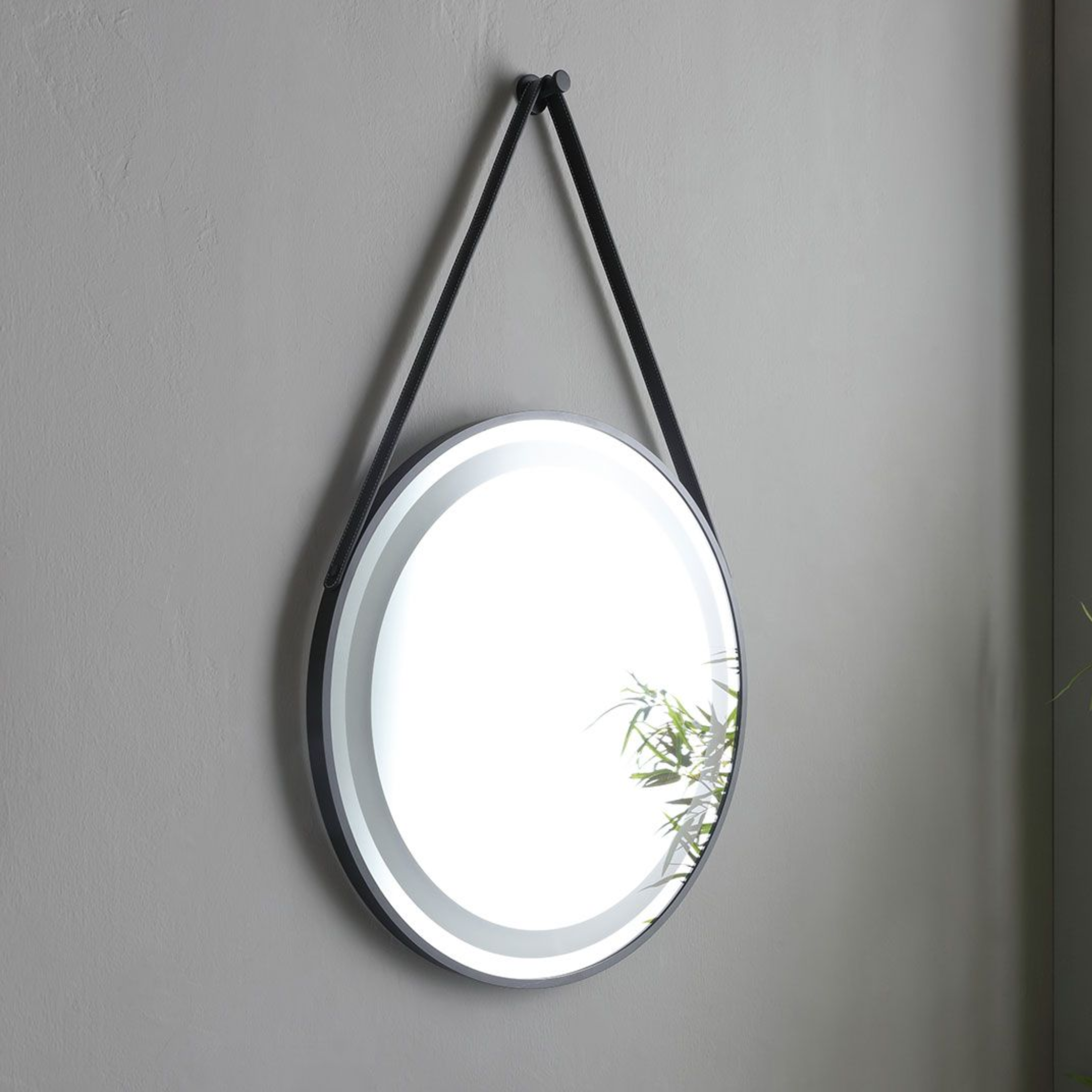 Mobile bagno sospeso grigio "Monaco" 80 cm con lavabo da appoggio nero opaco ovale e specchio tondo a led