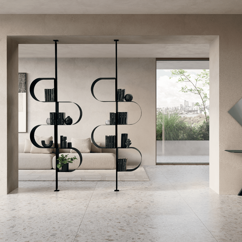 Libreria verticale "Trama" in metallo verniciato con piedino regolabile con montaggio a soffitto - MondoViro