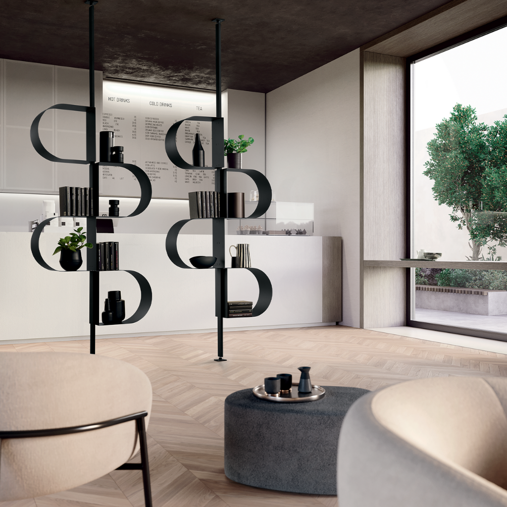 Libreria verticale "Trama" in metallo verniciato con piedino regolabile con montaggio a soffitto