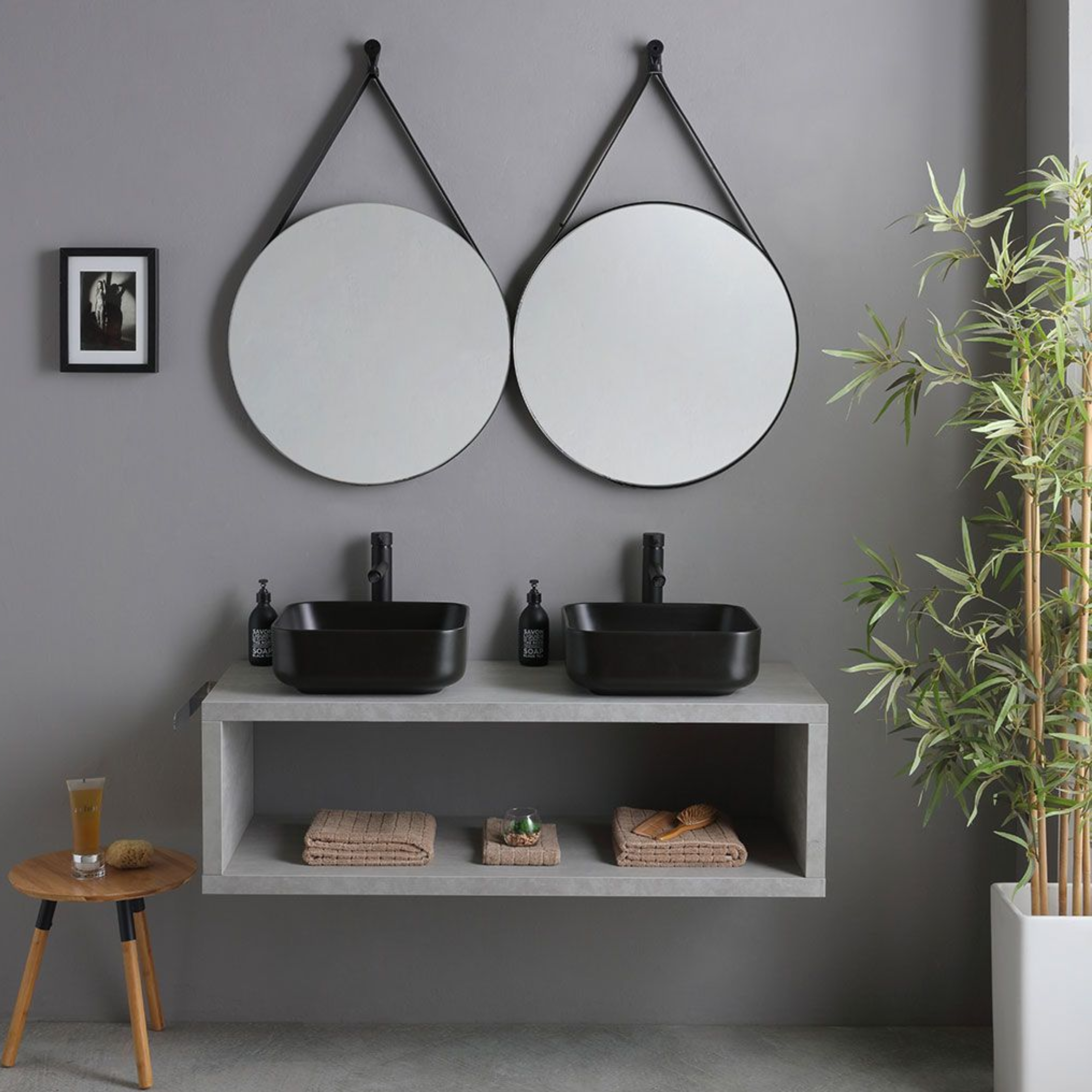 Mobile bagno sospeso grigio "Naxos" 120 cm con doppio lavabo quadrato nero opaco e specchi rotondi