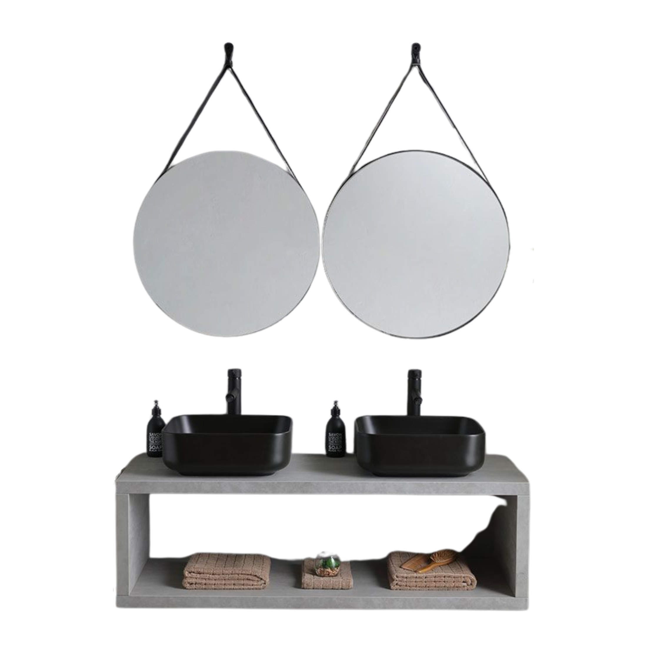 Mobile bagno sospeso grigio "Naxos" 120 cm con doppio lavabo quadrato nero opaco e specchi rotondi