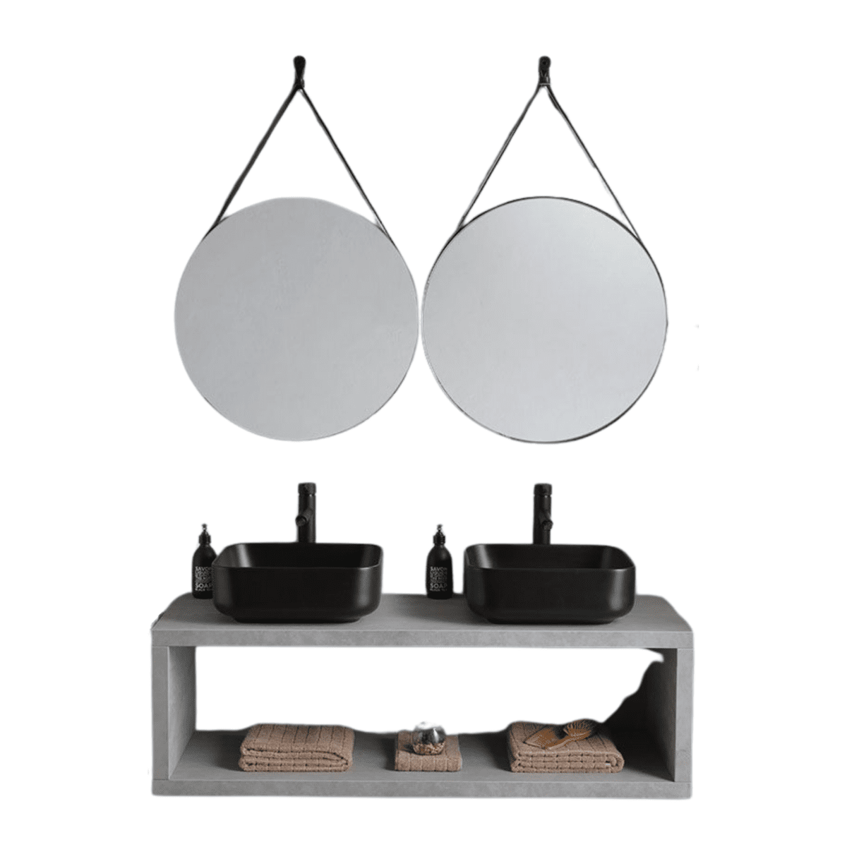 Mobile bagno sospeso grigio "Naxos" 120 cm con doppio lavabo quadrato nero opaco e specchi rotondi - MondoViro