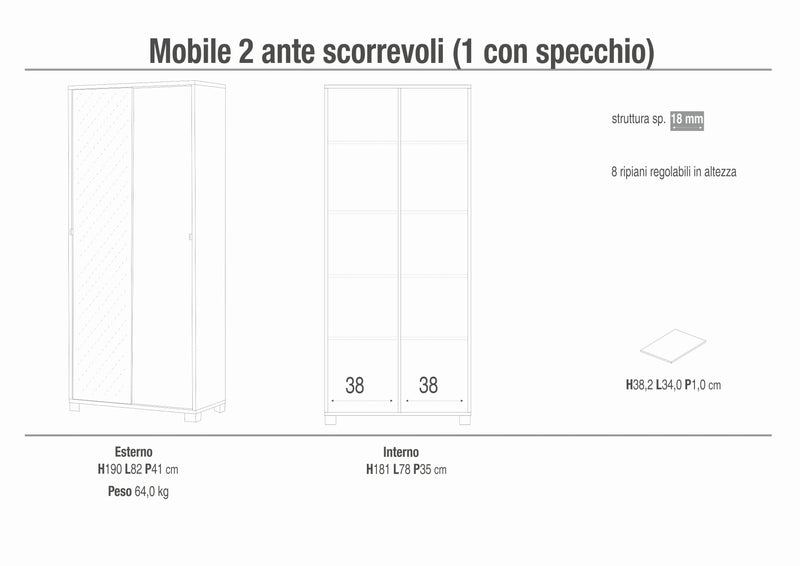 Mobile armadio 2 ante scorrevoli "Rebel" con specchio in legno 8 ripiani cm 82x42 190h