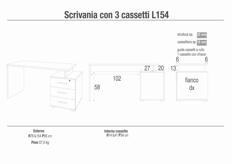 Scrivania in legno 3 cassetti "Amanda" moderna per studio cm 154x65 76h