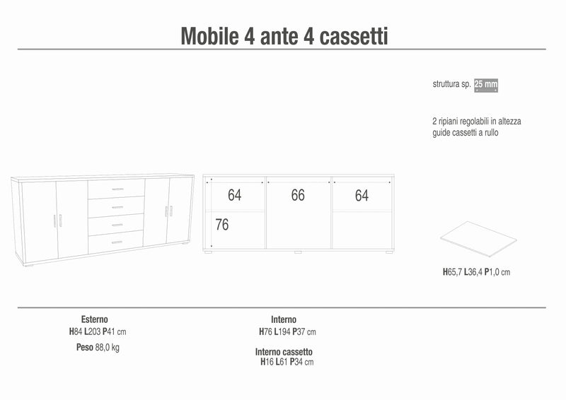 Mobile in legno "Roby" credenza con 4 ante e 4 cassetti cm 203x41 84h