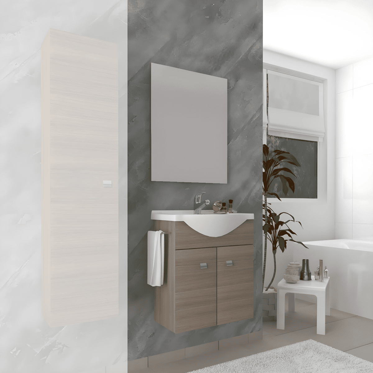 Mobile bagno sospeso "Moa55" con lavabo consolle e ante con maniglie cromate e specchio LED - MondoViro