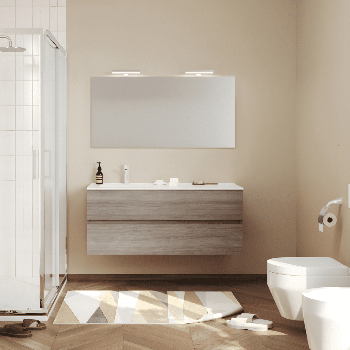 Mobili da bagno sospeso moderno "Tara" con 2 cassetti , lavabo da incasso e specchio LED - MondoViro