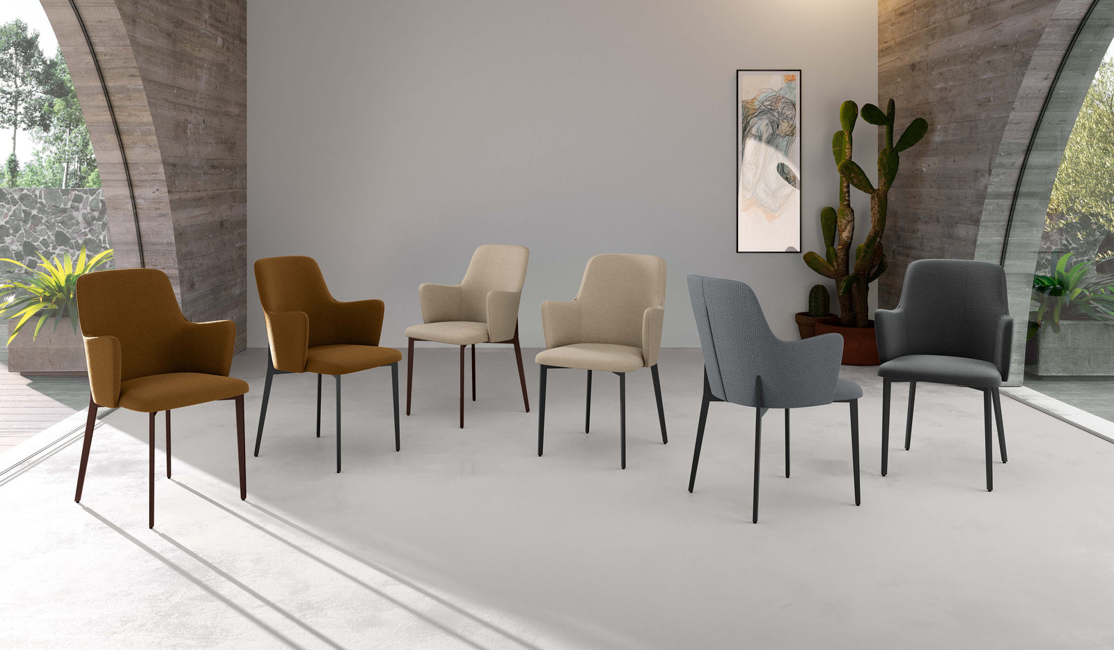 Set di 4 sedie in tessuto "Bloc" con braccioli e struttura in metallo verniciato bronzo