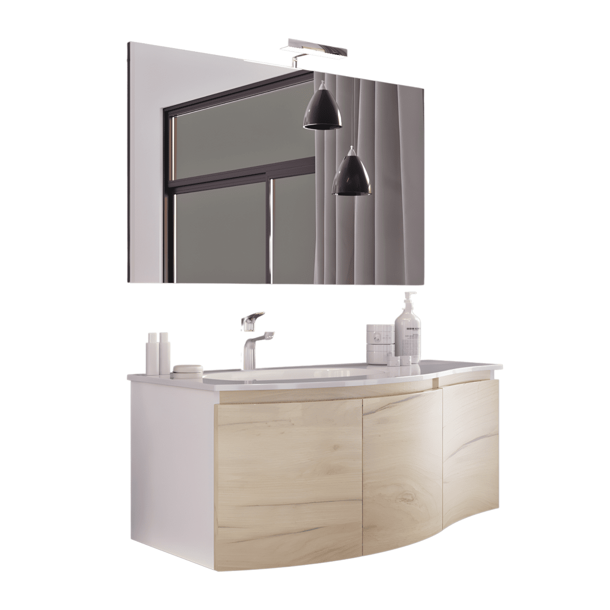 Mobile da bagno sospeso "Malani" 3 ante con specchio LED e lavabo integrato cm 105x50 55h - MondoViro
