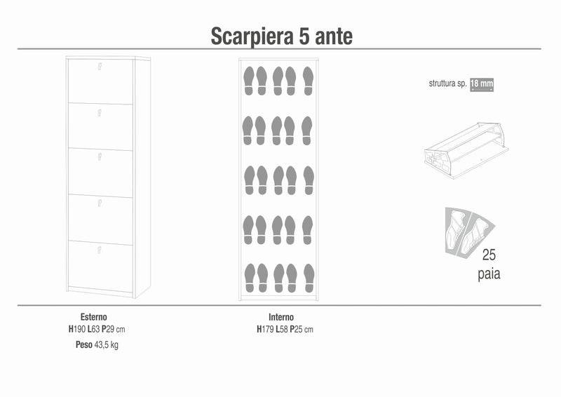 Scarpiera a 5 ante "Naomi" mobile in legno cm 63x18 190h