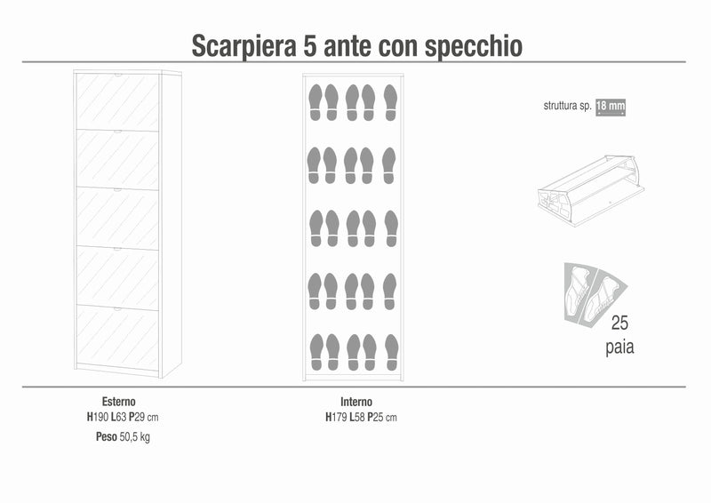 Scarpiera a specchio 5 ante "Pegaso1" in legno cm 63x29 190h