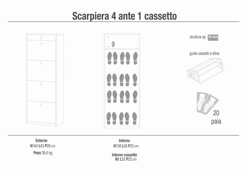 Scarpiera 4 ante 1 cassetto "Benny" in legno cm 63x29 164h