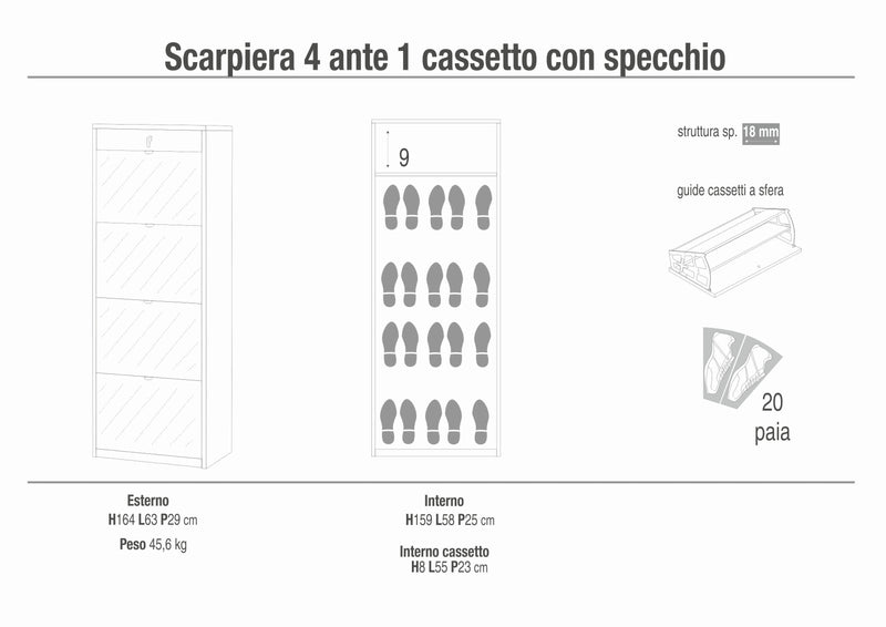 Scarpiera 4 ante specchio 1 cassetto in legno "Zoe" cm 63x29 164h