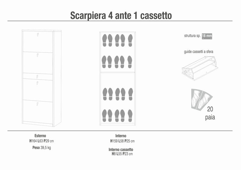 Scarpiera 4 ante 1 cassetto "Rebecca" in legno cm 63x29 164h