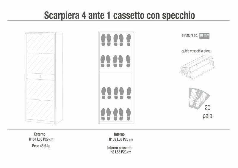Scarpiera 4 ante specchio "Vittoria" 1 cassetto in legno cm 63x29 164h