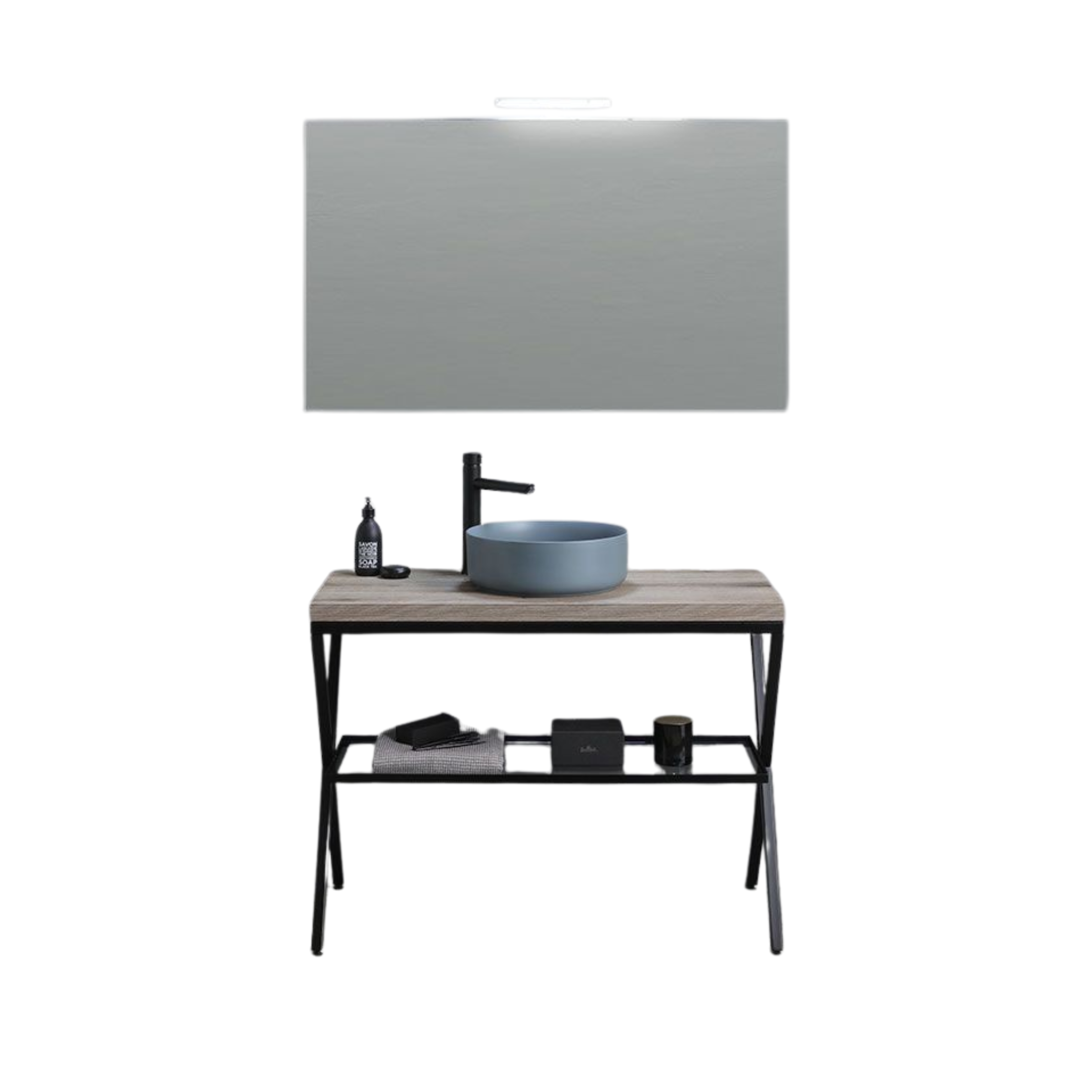 Mobile bagno a terra rovere fossile "Medellín" 100 cm con lavabo grigio rotondo in ceramica e specchio rettangolare