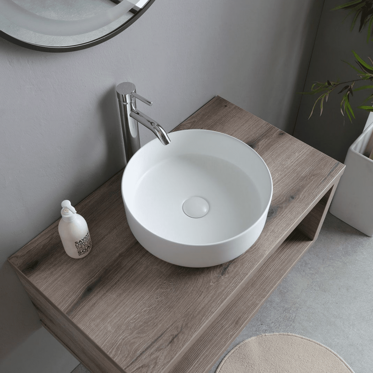Mobile da bagno sospeso "Paros" 80 cm rovere fossile con lavabo tondo bianco e specchio - MondoViro