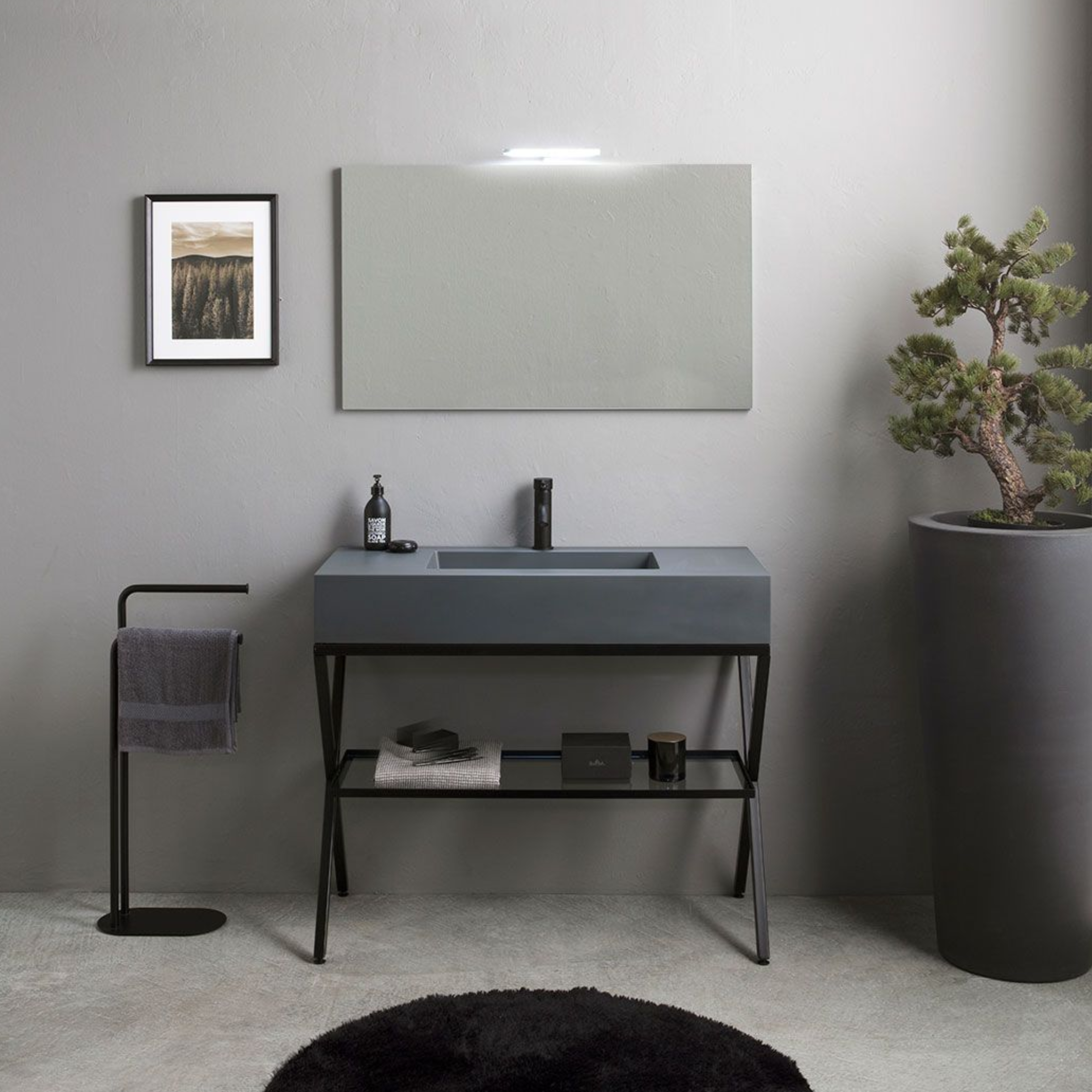 Mobile bagno a terra "Petra" moderno con specchio, lavabo e mensola in vetro 100 cm