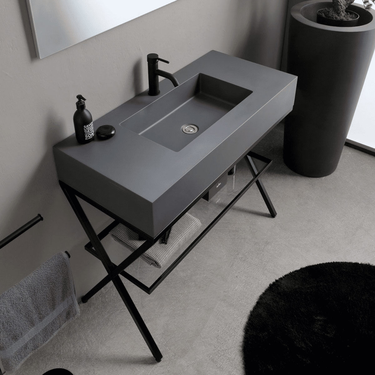 Mobile bagno a terra "Petra" moderno con specchio, lavabo e mensola in vetro 100 cm - MondoViro