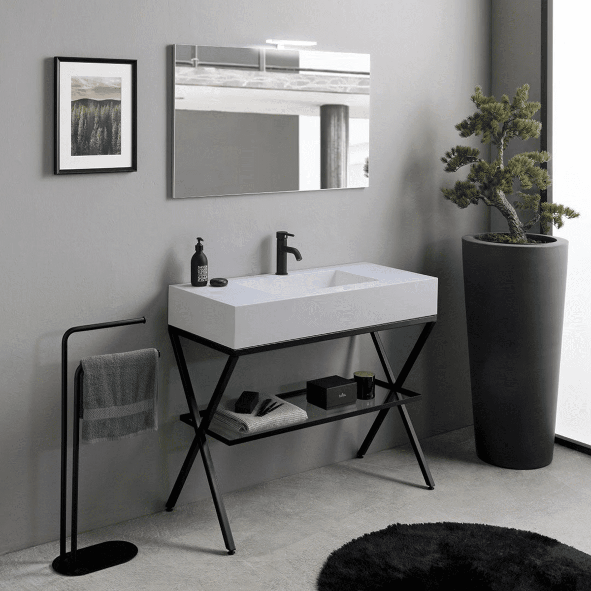 Mobile bagno a terra "Petra" moderno con specchio, lavabo e mensola in vetro 100 cm - MondoViro