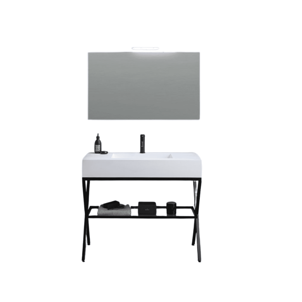 Mobile bagno a terra "Petra" moderno con specchio, lavabo e mensola in vetro 100 cm - MondoViro