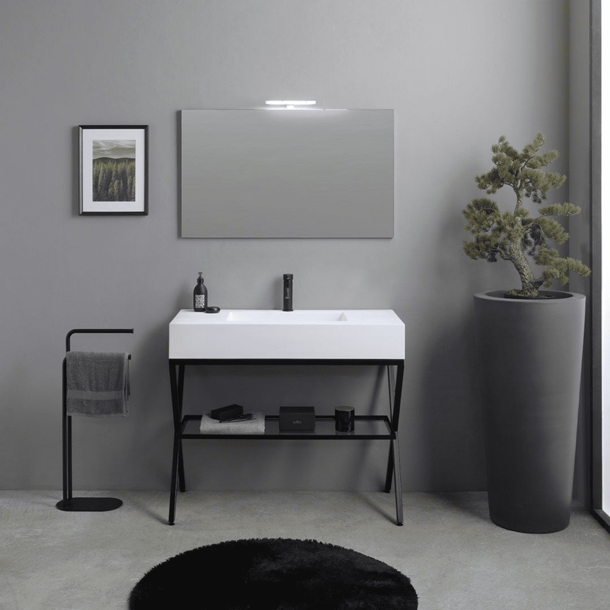Mobile bagno a terra "Petra" moderno con specchio, lavabo e mensola in vetro 100 cm - MondoViro