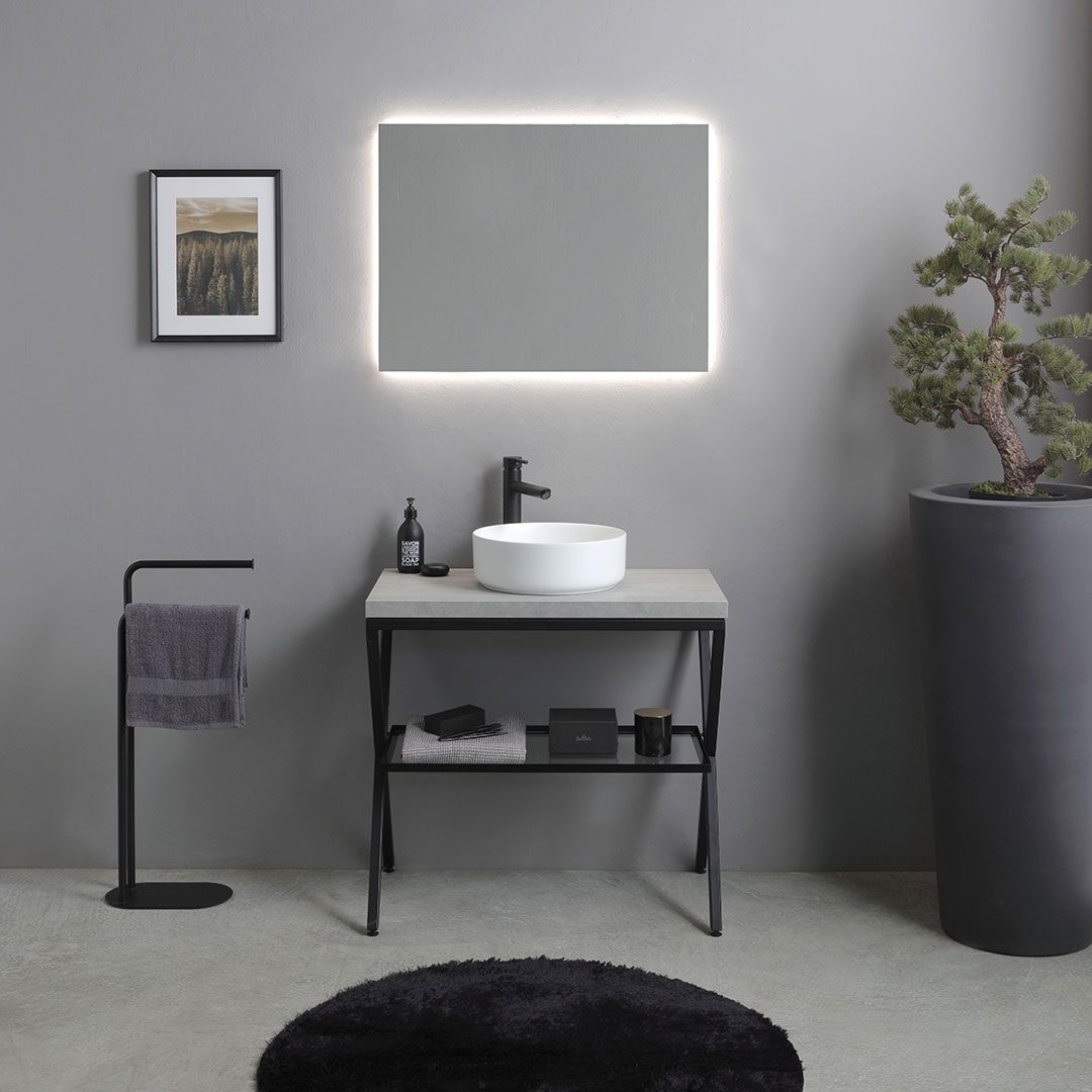 Mobile da bagno color cemento "PowerUp" 80 cm con cavalletto in metallo e lavabo in ceramica rotondo