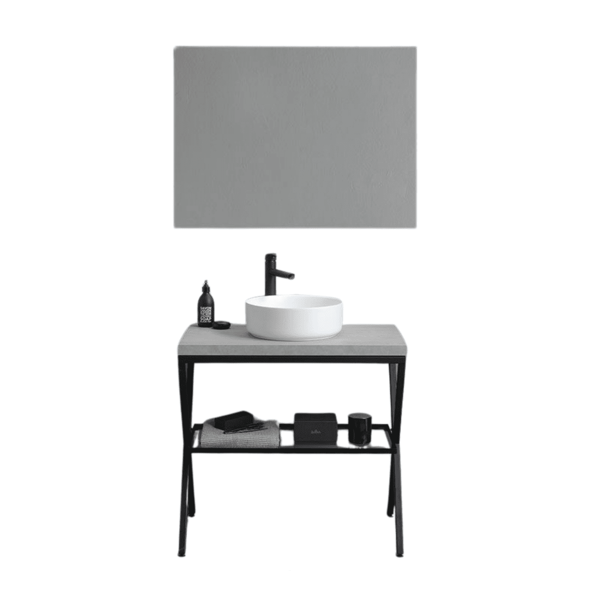 Mobile da bagno color cemento "PowerUp" 80 cm con cavalletto in metallo e lavabo in ceramica rotondo - MondoViro