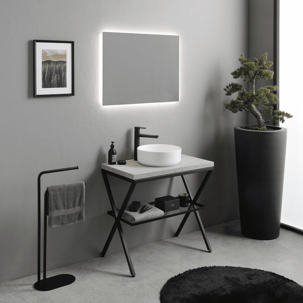 Mobile da bagno color cemento "PowerUp" 80 cm con cavalletto in metallo e lavabo in ceramica rotondo - MondoViro