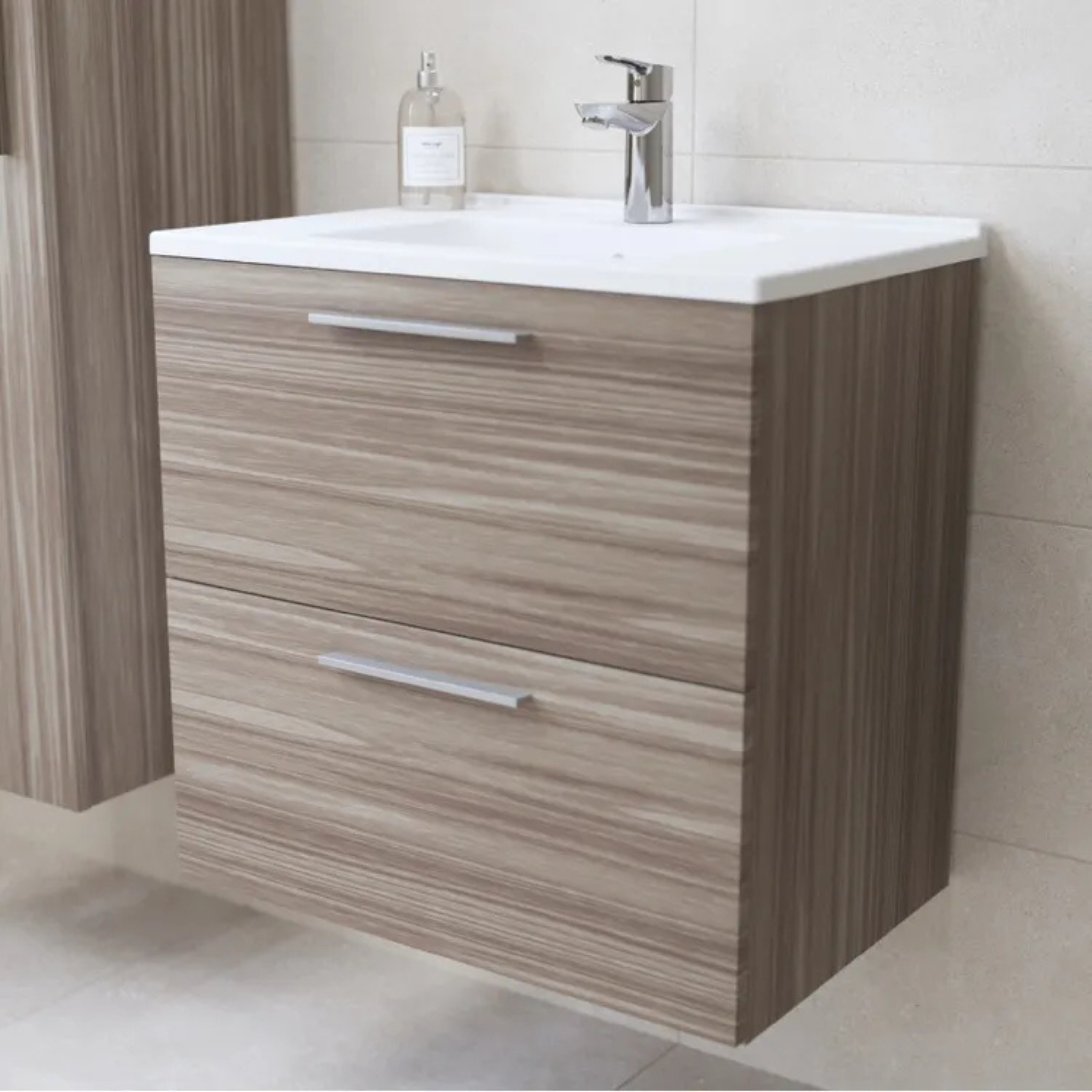 Mobile da bagno sospeso "Vitrax" in legno con 2 cassetti lavabo specchio e lampada